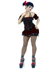 3D girl doll big blue eyes and bright makeup.