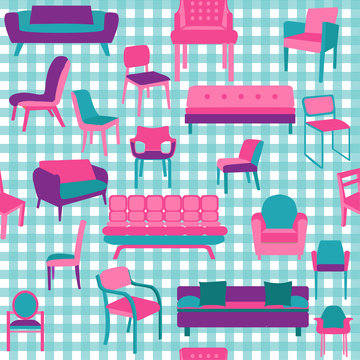House furniture pattern seamless, background home, chairs and sofas in flat style.