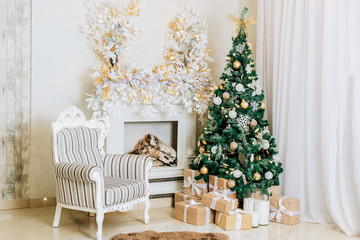 Christmas and New year decor the interior of the room in light colors.