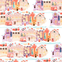 Simple winter pattern with vintage Christmas houses, old streets, cityscape.