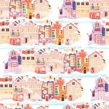 Simple winter pattern with vintage Christmas houses, old streets, cityscape. © Irina Smirnova