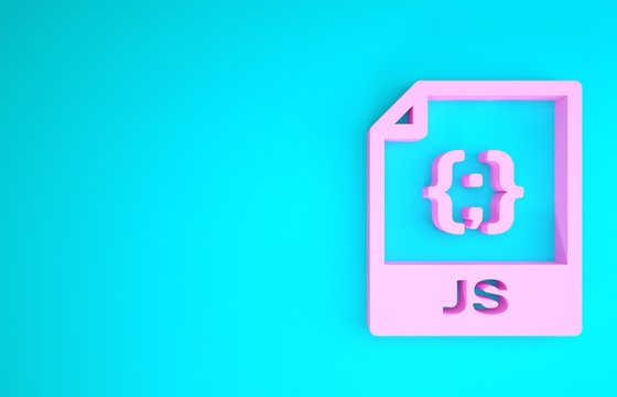 Pink JS file document. Download js button icon isolated on blue background. JS file symbol. Minimalism concept. 3d illustration 3D render