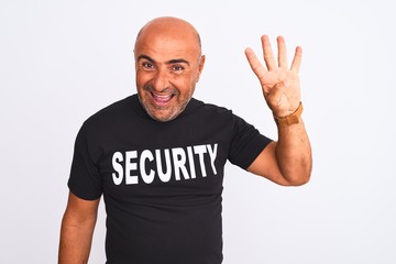 Middle age safeguard man wearing security uniform standing over isolated white background showing...
