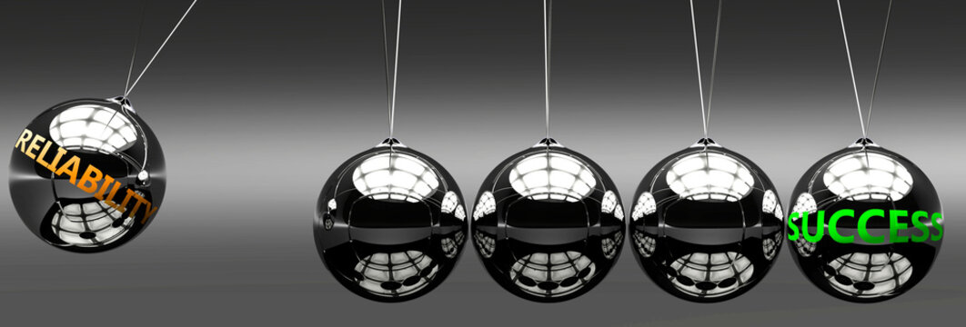 Reliability and success - the idea that Reliability helps to achieve success and happiness in business, work and life symbolized by English word Reliability and a newton cradle, 3d illustration