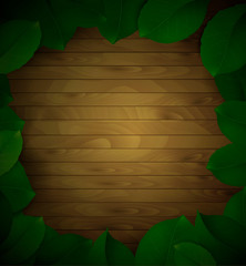wood and green leaves background with empty space in the middle, shadowy wooden background and leaves ,