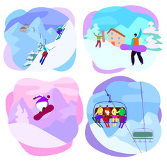 Ski resort vector active people characters skiing, snowboarding on slopes. Illustration set of extreme man, woman lifting together on winter vacation isolated on white background
