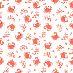 Funny red seamless marine pattern with crab and coral.   Sea inhabitants. Hand pencil drawing. Isolated on a white background.