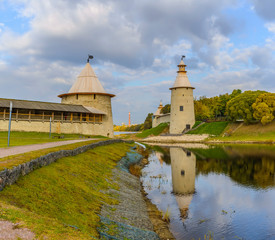 Fototapeta na wymiar Pskov Krom (Kremlin), historical and architectural center of Pskov. It is located on a narrow and high promontory at the confluence of the Pskov river in the Velikaya river.