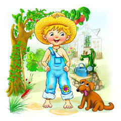 Kleiner Junge barfuß mit Latzhose in blau und gelben Strohhut steht lächelnd da. Gartenarbeit erledigt. Hat eine Blume auf dem Knie. Kleiner Gärtner mit Hund im Garten vor Gewächshaus