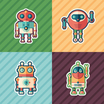 Friendly robots flat icon set with color backgrounds.