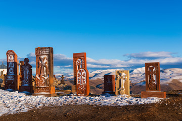 Armenian cross-stones on blue sky background
