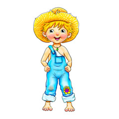 kleiner Junge barfuß mit Latzhose in blau und gelben Strohhut steht lächelnd da. Der kleine Gärtner genießt den Sommer. Hat eine Blume auf dem Knie. Trägt eine Kette am Hals und ein Band am Fuß.  