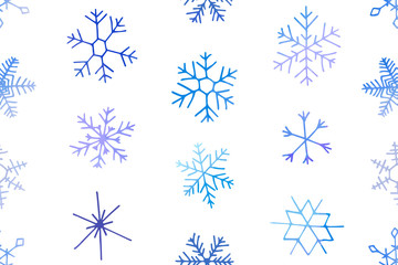 Fototapeta na wymiar Seamless winter pattern of artistic blue snowflakes with watercolor texture. Stock vector set. For printed materials, prints, posters, cards, logo. Holiday background. Hand drawn decorative elements