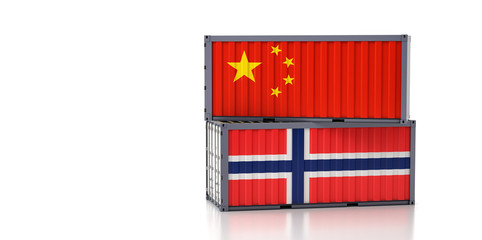 Two freight container with Norway China flag. 3d rendering 