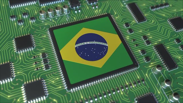 National flag of Brazil on the operating chipset. Brazilian information technology or hardware development related conceptual 3D animation