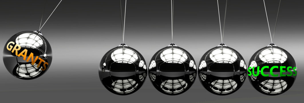 Grants and success - the idea that Grants helps to achieve success and happiness in business, work and life symbolized by English word Grants and a newton cradle, 3d illustration