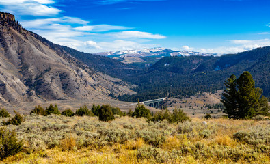 Gardiner river bridge on Grand Loop Road in Yellowstone from a distance