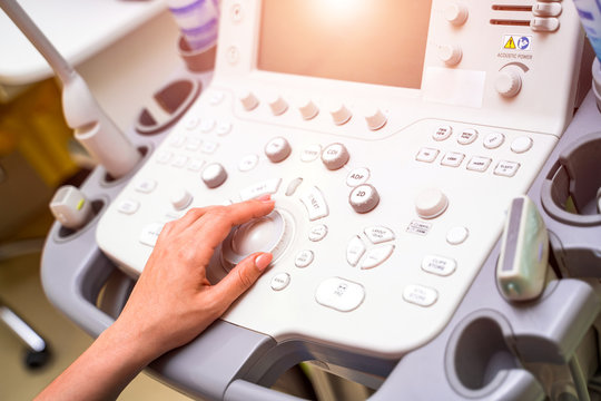 Detail of computer ultrasound with x-ray in modern clinic. Scanning diagnostic equipment. New methods of treatment. Closeup.