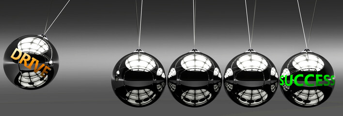 Drive and success - the idea that Drive helps to achieve success and happiness in business, work and life symbolized by English word Drive and a newton cradle, 3d illustration