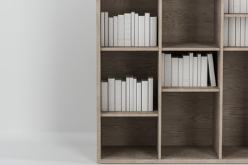 Bookshelf with books inside in the empty new house, 3d rendering.