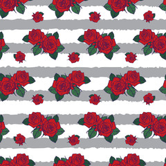 Vector red roses and green leaves with grey and white stripes background seamless pattern. Perfect for fabric, scrapbooking and wallpaper projects.
