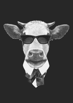 Portrait of Cow in suit. Hand-drawn illustration. Vector isolated elements.	