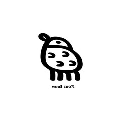 Isolated cute vector sheep and text "wool 100%". Logo, element of label with farm animal