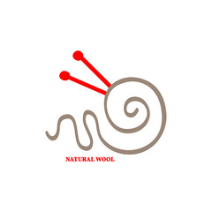Natural wool and knitting logo. Curved beige thread and red knitting needles. Isolated vector illustration, label element