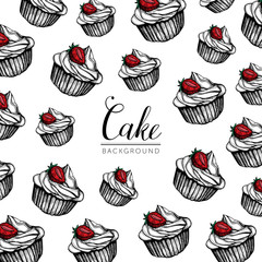 Pattern illustration in hand drawn style with cupcakes. Sweet design. For design textiles, fabric, packaging, paper, surface decoration, background.