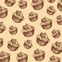 Pattern illustration in hand drawn style with cupcakes. Sweet design. For design textiles, fabric, packaging, paper, surface decoration, background.
