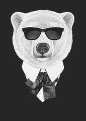 Portrait of Polar Bear in suit. Hand-drawn illustration. Vector isolated elements.	