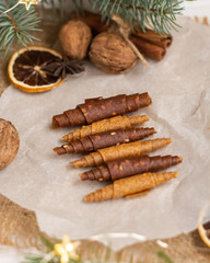 Fruit leather on parchment paper and burlap.