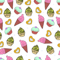 Dessert, ice cream, cookies seamless pattern. Picture with sweets.