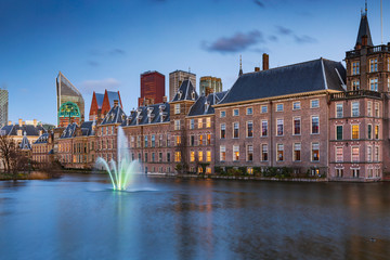 illuminated parliament buildings in The Hague