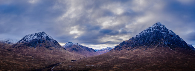 aerial panorama of buachaille etive mor and the surrounding mountains of glencoe and rannoch moor...