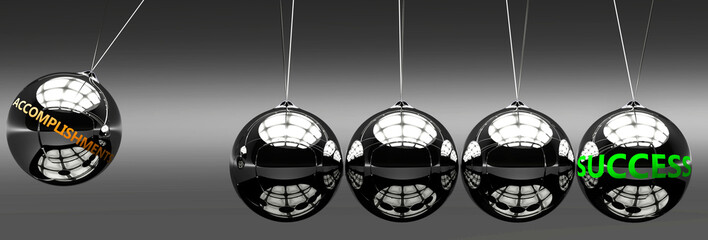 Accomplishments and success - the idea that Accomplishments helps to achieve success in business, work and life symbolized by English word and a newton cradle, 3d illustration