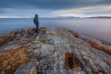 Man standing at the seashore overlooking the sub-arctic ocean 