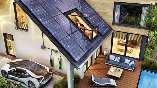 Electric car and modern house with solar panels on the roof