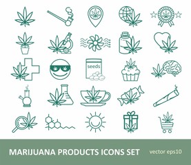 Marijuana Products Icons Set. Cannabis icon set. Cannabidiol linear icons. Pictograms for web page, mobile app, promo.