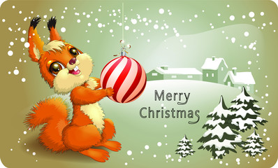 Fototapeta premium Squirrel with a christmas ball in hand and Christmas tree and winter landscape. Isolated vector illustration for postcard. Card with squirrel on Christmas day, Merry Christmas and Happy new year