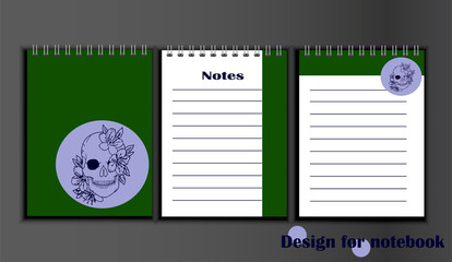 Vector template mock up notepad on springs and page for notepad. Design print notepad skull with flowers print.
