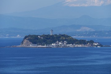 A distant view of the Japanese tourist attraction “Enoshima”.