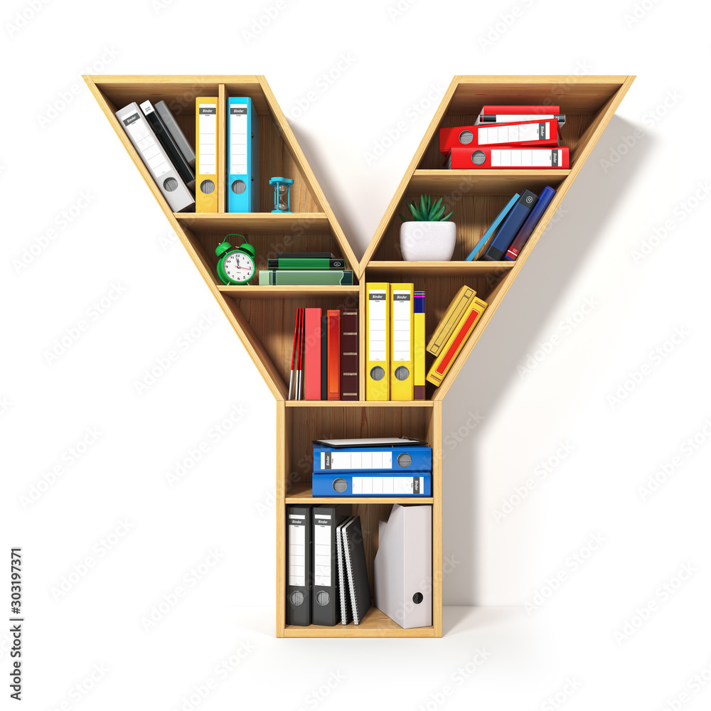 Poster letter y. alphabet in the form of shelves with file folder, binders and books isolated on white. arc