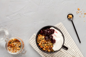 Granola with yogurt. Healthy breakfast concept
