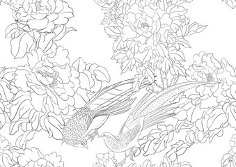 Fototapeta premium Peony tree branch with flowers with pheasants in the style of Chinese painting on silk Seamless pattern, background. Outline hand drawing vector illustration..
