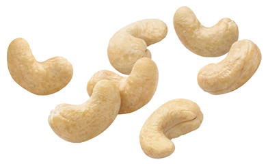 Flying cashew nuts, isolated on white background