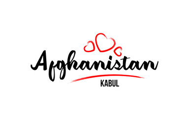 Fototapeta na wymiar Afghanistan country with red love heart and its capital Kabul creative typography logo design