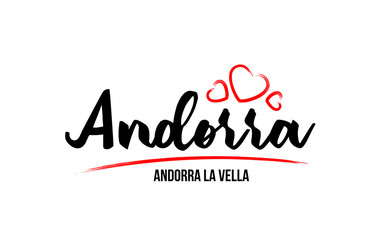 Andorra country with red love heart and its capital Andorra la Vella creative typography logo design