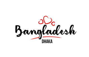 Bangladesh country with red love heart and its capital Dhaka creative typography logo design