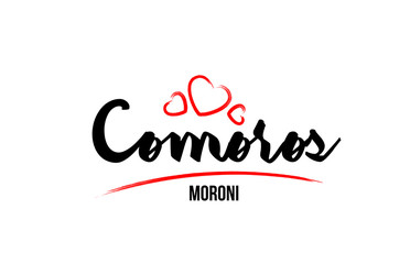 Comoros country with red love heart and its capital Moroni creative typography logo design